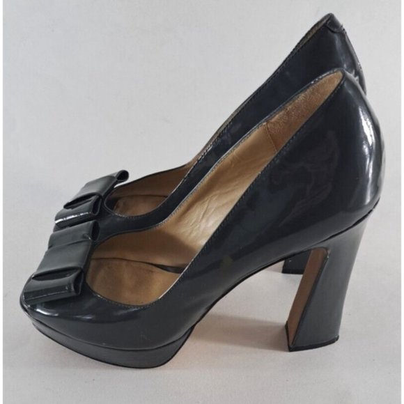 Womens Kenneth Cole Shop It 5" Heels Gray Pewter Chunky Peep Toe Bows Leather 10 - Picture 5 of 8
